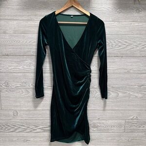 Velvet Ruched Bodycon Dress Size S Long Sleeve V-Neck Green Sexy Party Wimsigoth
